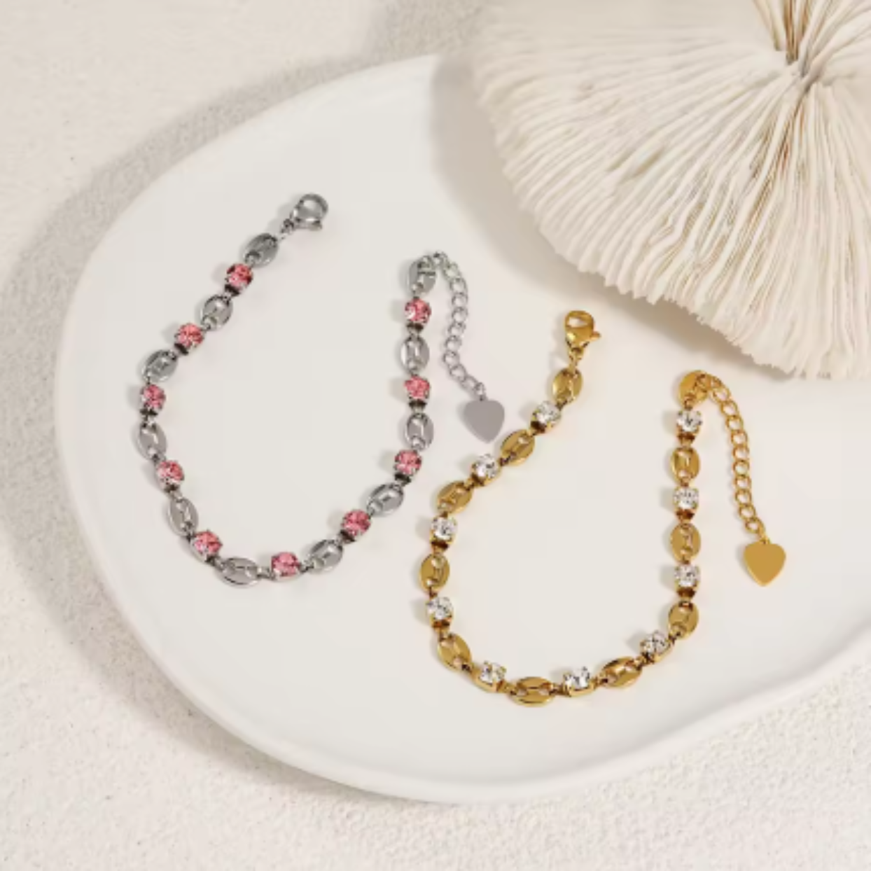 GOLD CZ & SILVER PINK CZ PAPERCLIP CHAIN LINK WATERPROOF BRACELETS