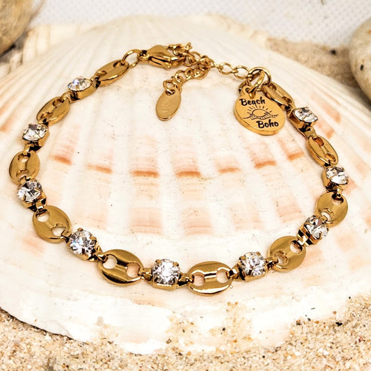 GOLD CZ & SILVER PINK CZ PAPERCLIP CHAIN LINK WATERPROOF BRACELETS