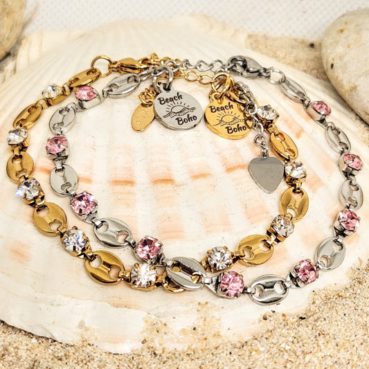 GOLD CZ & SILVER PINK CZ PAPERCLIP CHAIN LINK WATERPROOF BRACELETS