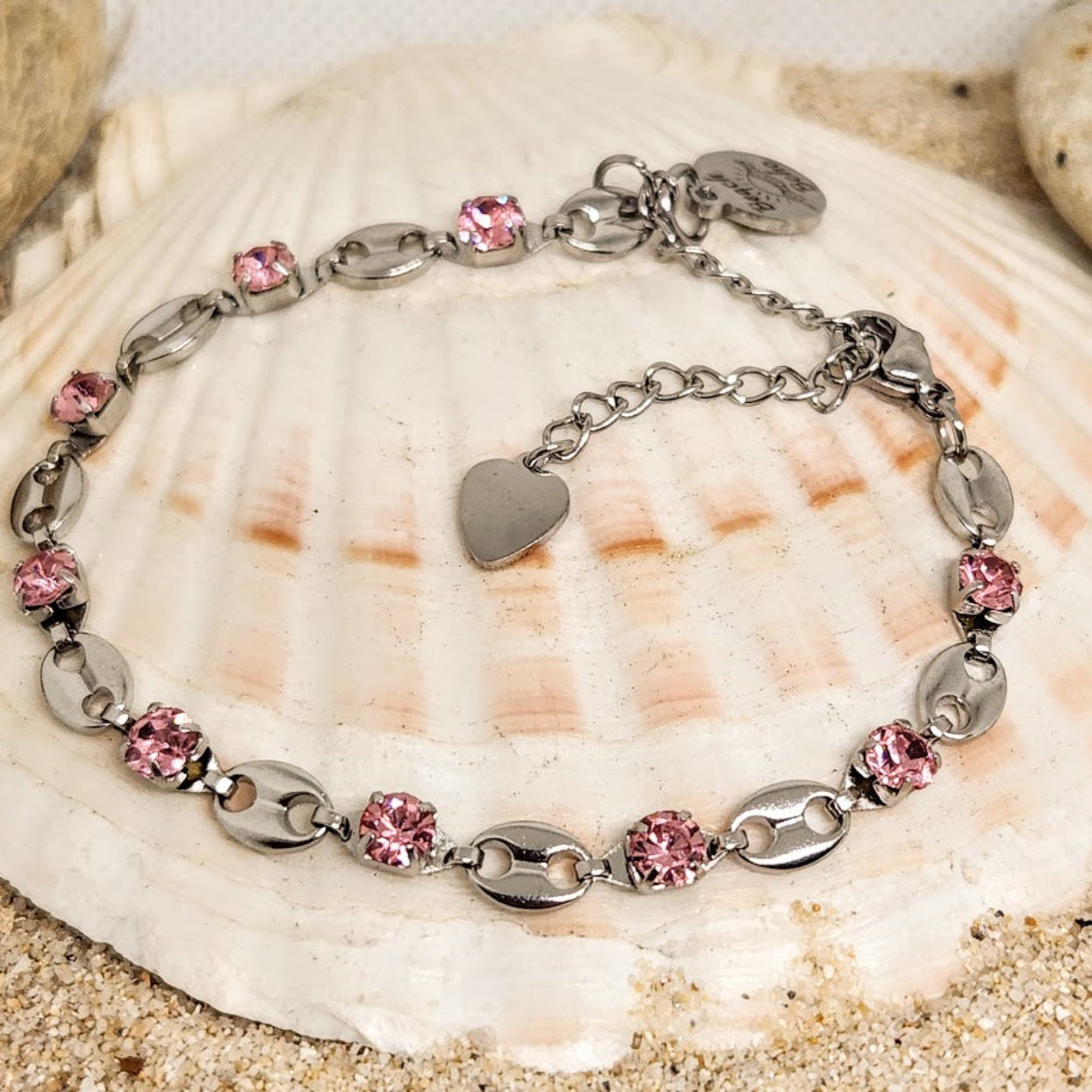 GOLD CZ & SILVER PINK CZ PAPERCLIP CHAIN LINK WATERPROOF BRACELETS