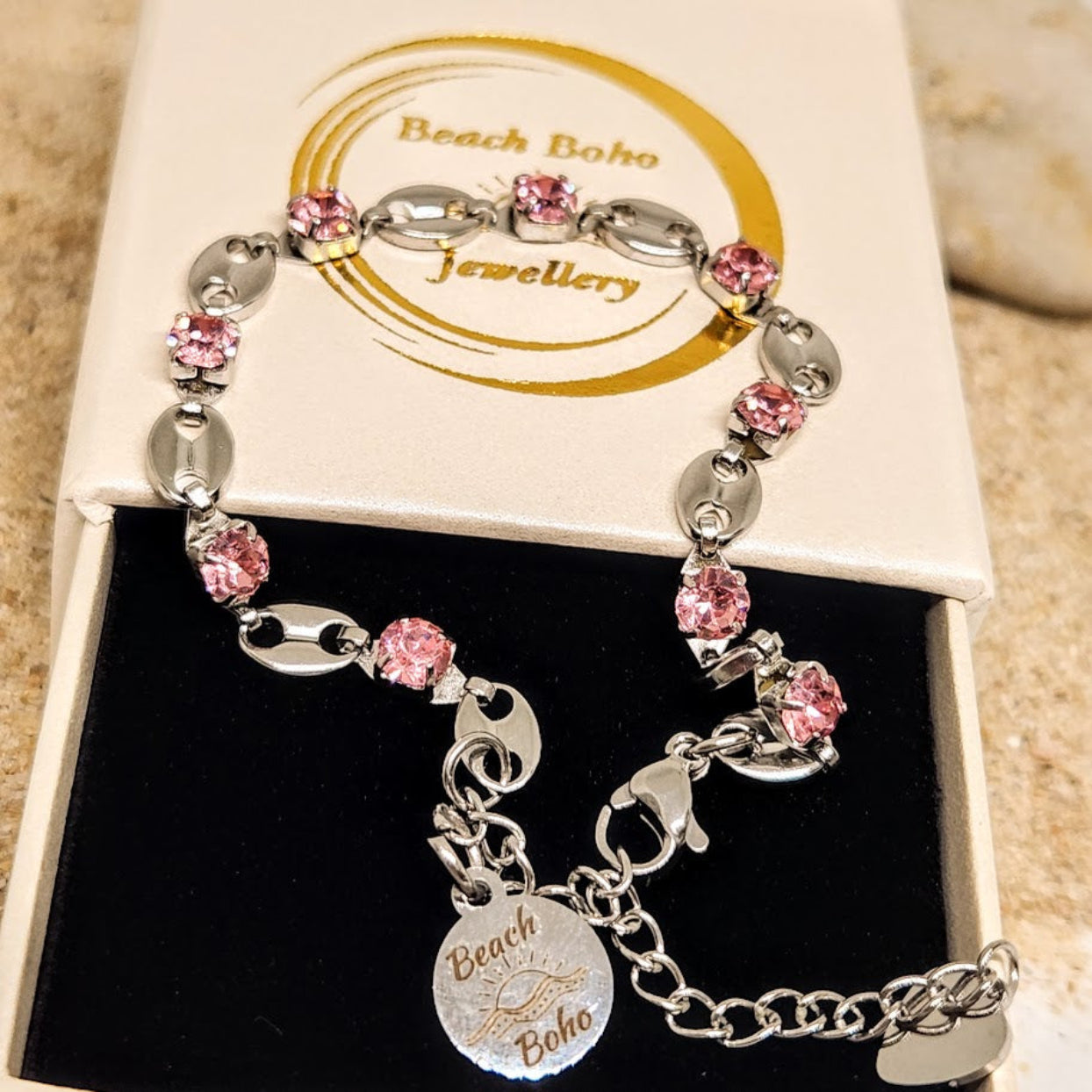 GOLD CZ & SILVER PINK CZ PAPERCLIP CHAIN LINK WATERPROOF BRACELETS