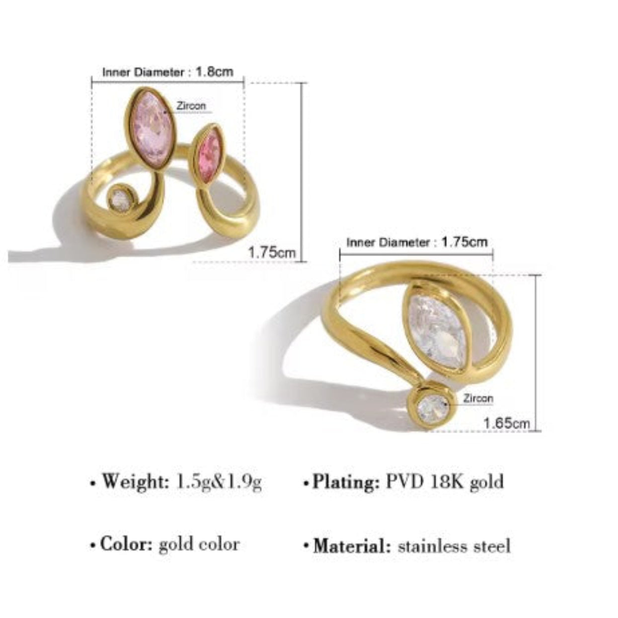 Gold ring with pink gemstones and measurements on a white background