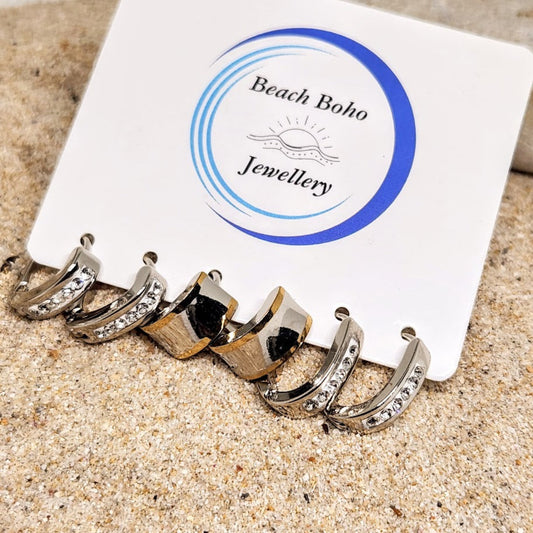 Set of hoop earrings on a 'Beach Boho Jewellery' branded card with sand background