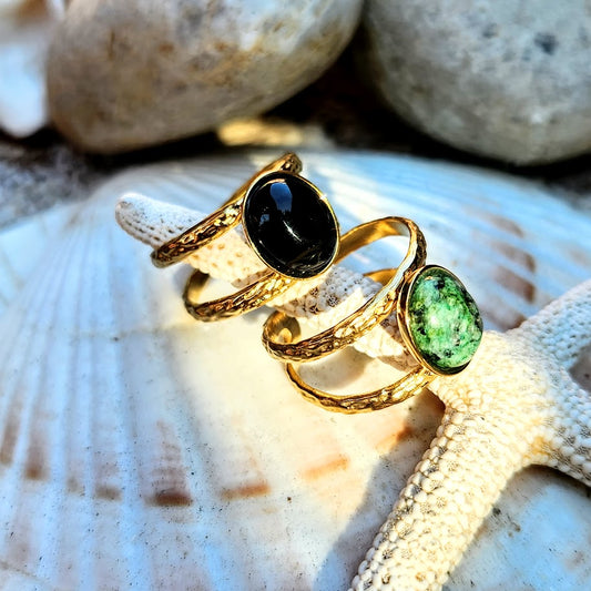 Being Well- Turquoise or Onyx Waterproof Double Banded 18K Gold Rings