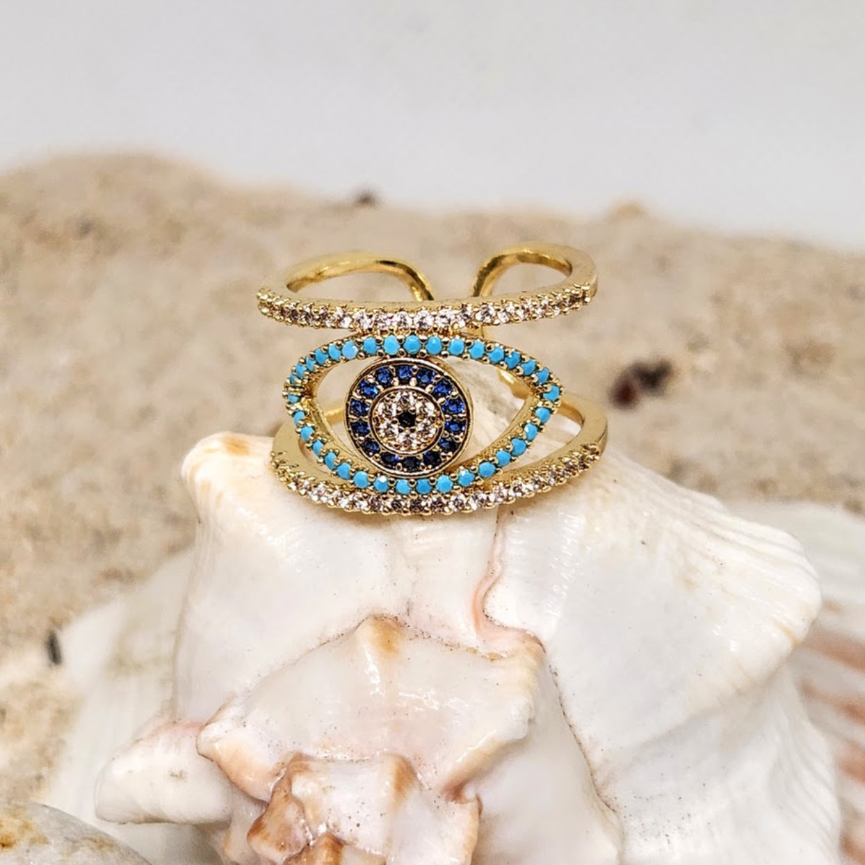 EVIL EYE   - ADJUSTABLE CZ WATERPROOF GOLD RING