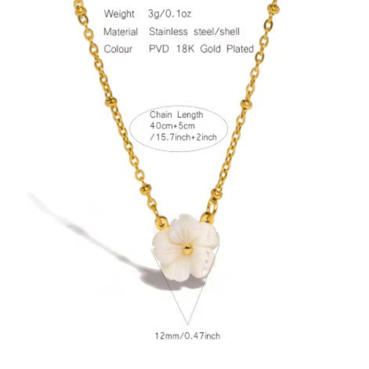 Gold necklace with a white floral pendant on a white background