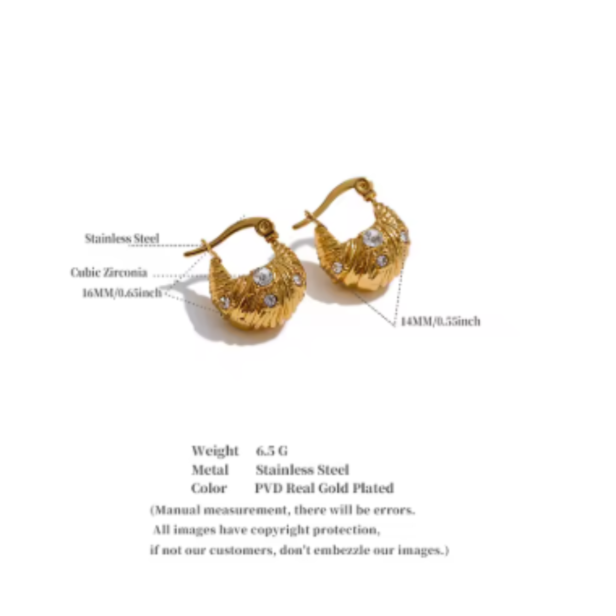 A pair of gold-toned hoop earrings with textured, flower-like details and clear stones, shown on a white background with measurement callouts and product specifications below.