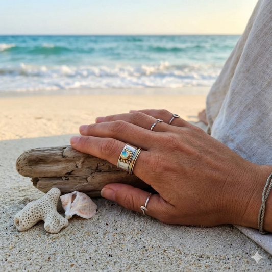 Hand with rings on a piece of driftwood on a beach