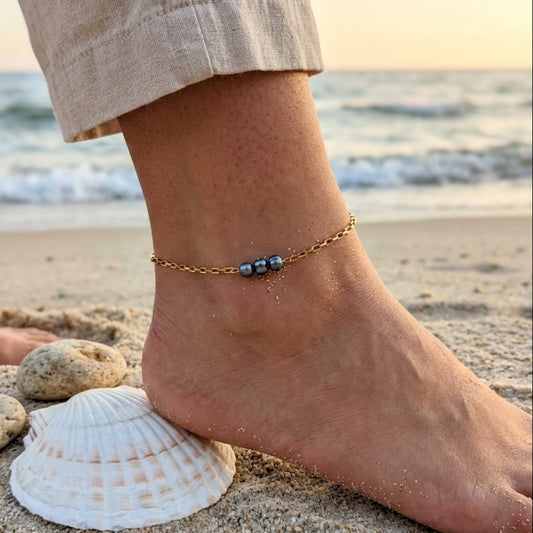 Sweet Petites - Silver or 18k Gold Waterproof Black or White Pearl Anklets