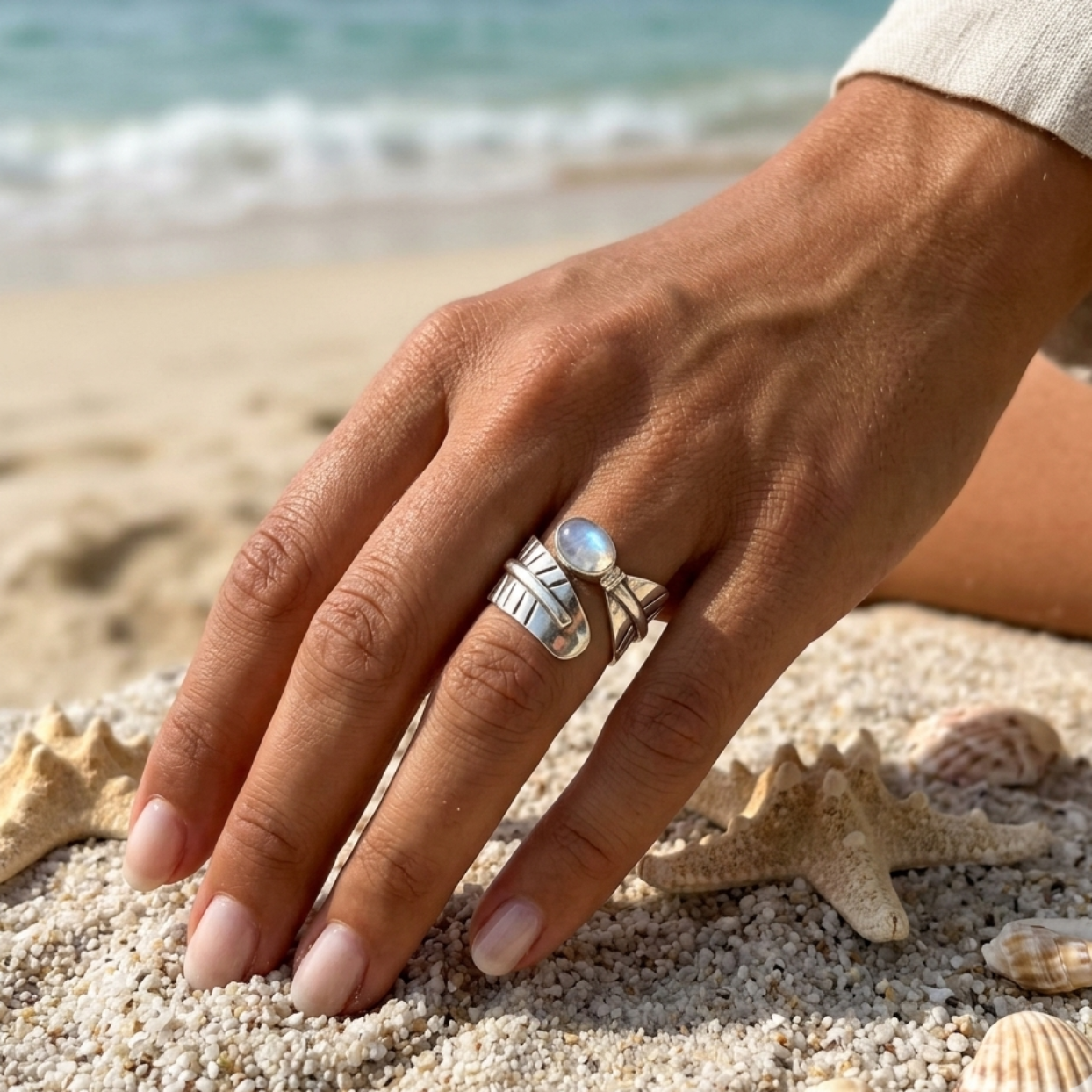 A close-up of a hand resting on sandy beach with starfish and shells, wearing a silver ring with a round iridescent moonstone cabochon.