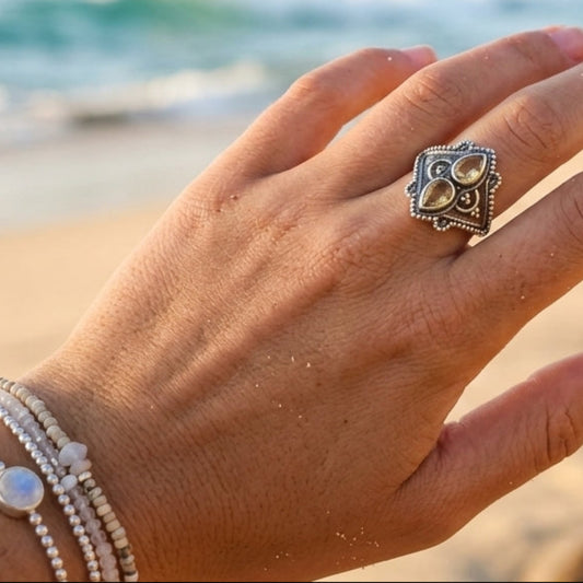 A close-up of a hand wearing a silver-toned ring with a floral or clover-like motif, set against a blurred beach background with ocean waves and rocks.