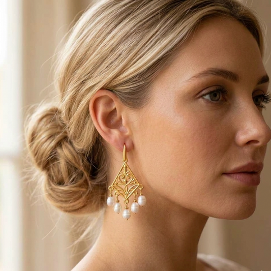 Woman wearing gold earrings with pearl drops, close-up of ear and side profile.