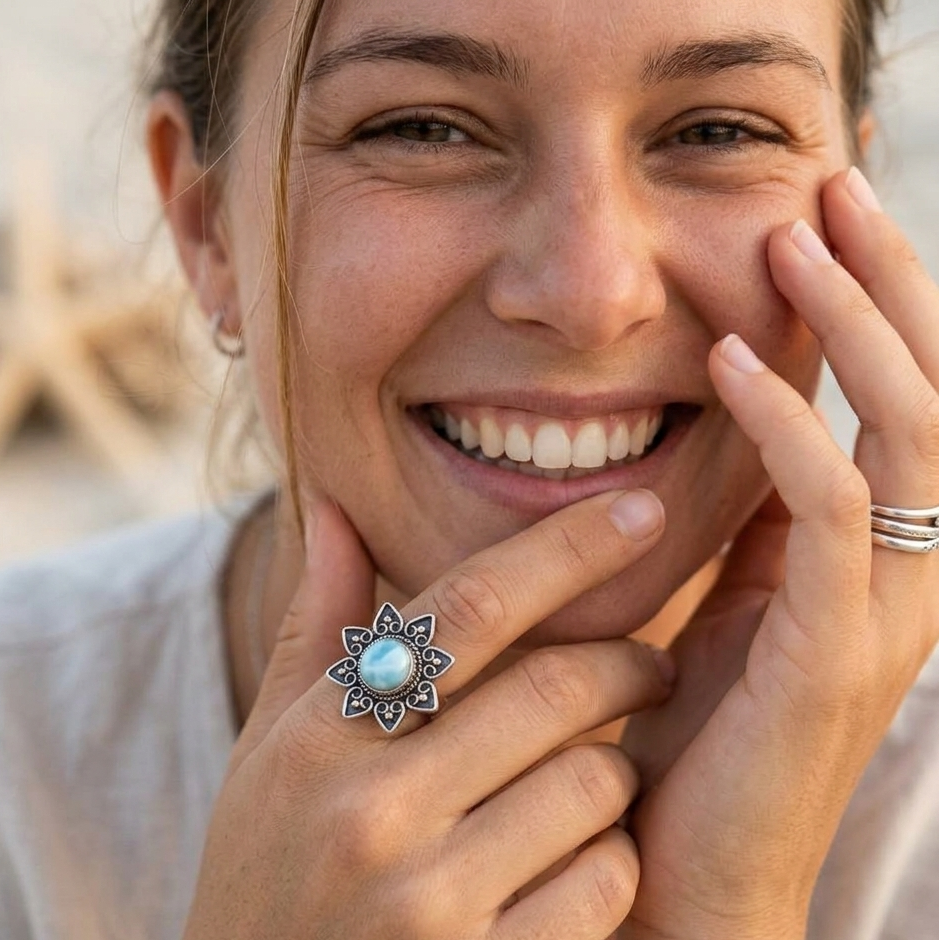 Sunflowers - Larimar Stone Flower 925 Ring