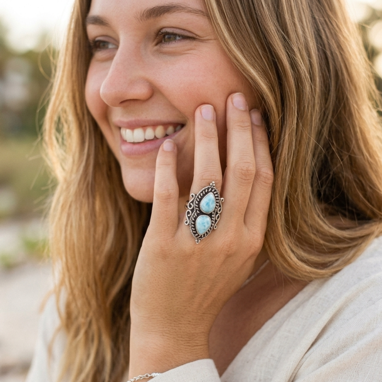 Double Larimar - 925 Larimar Statement Ring