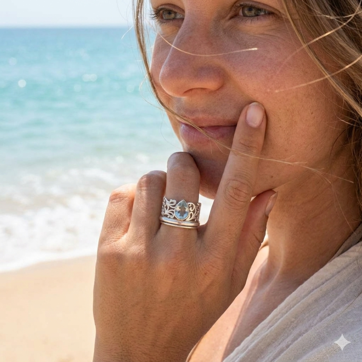 Woman on a beach wearing a silver ring with a blue gemstone.