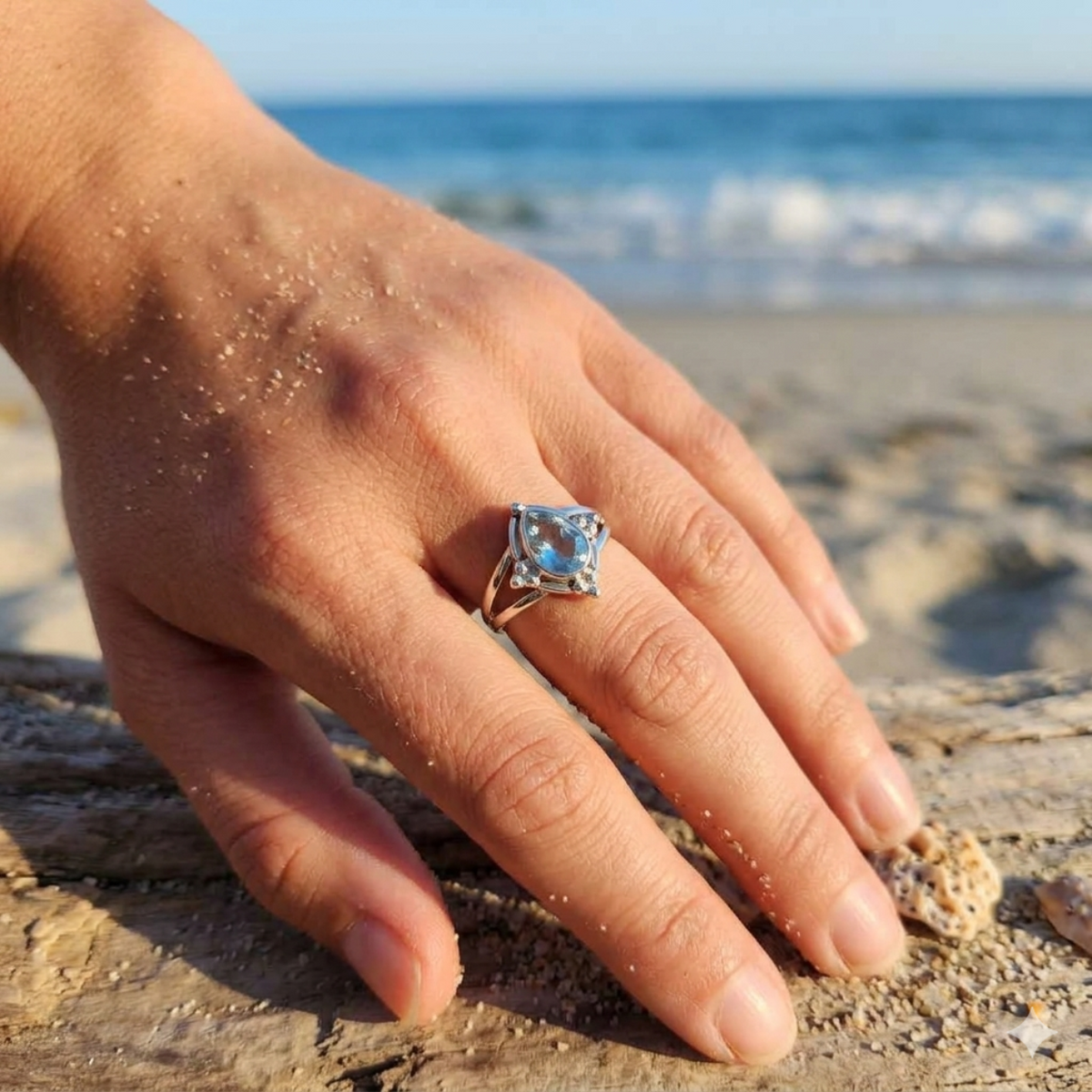 Hand wearing a ring with a blue gemstone on a beach