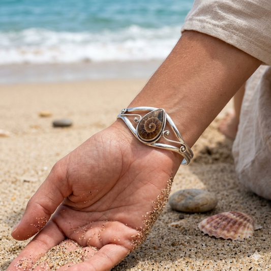Hand wearing a silver bracelet with a natural stone on a beach.