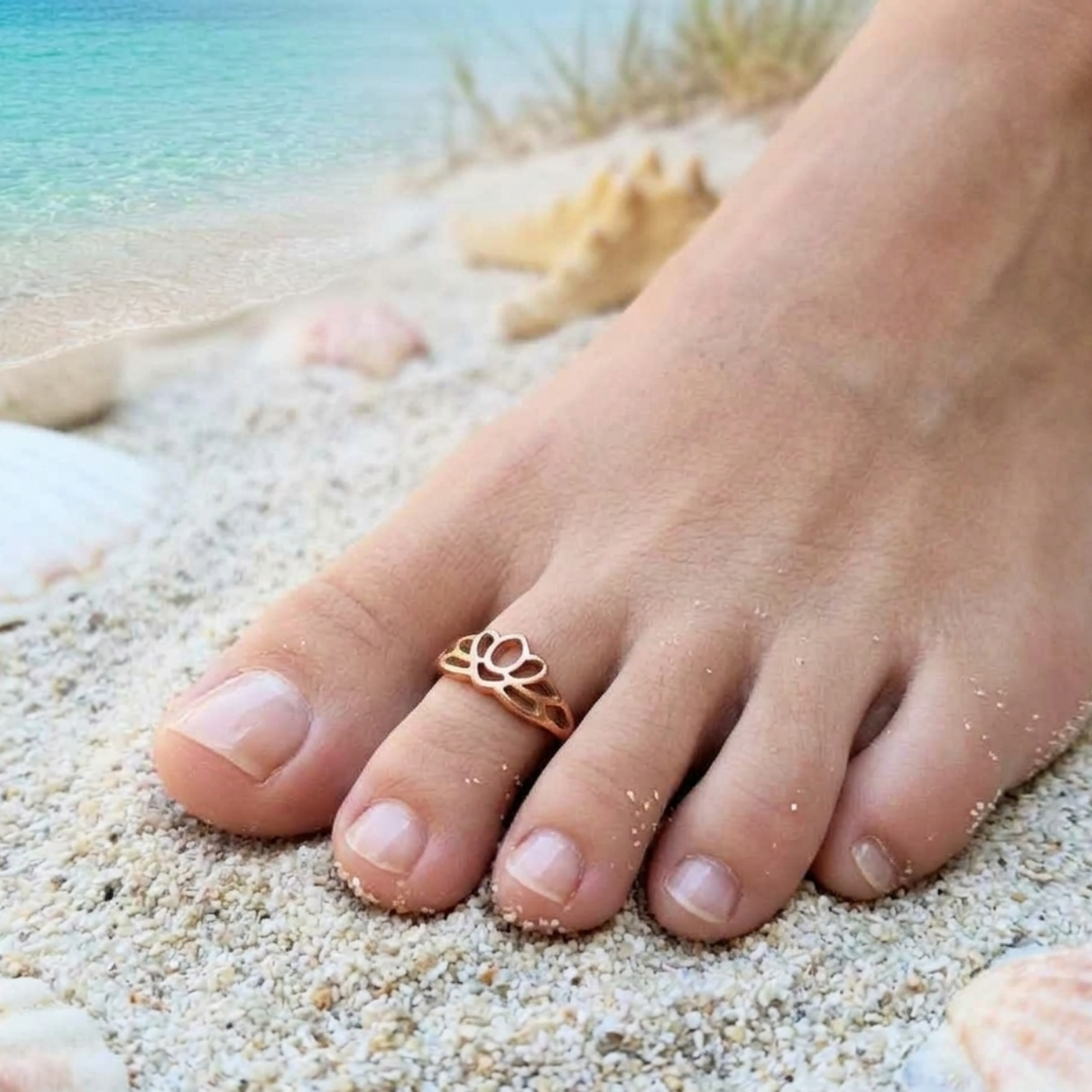 Foot wearing a toe ring on a sandy beach with shells and water in the background