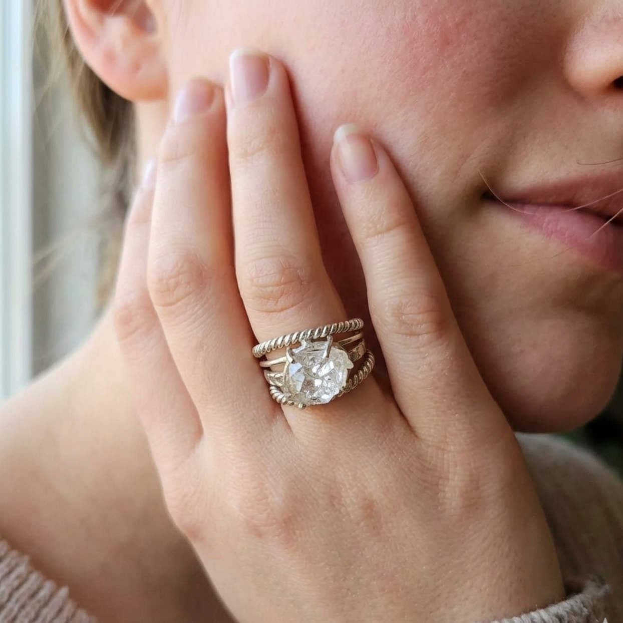 SALT & PEPPER  / HERKIMER DIAMOND STERLING SILVER RING