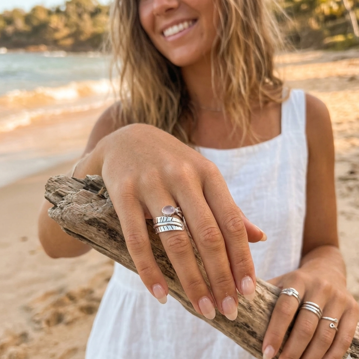 Silver Leaves - Rose Quartz / Moonstone/ Peridot/ Larimar Adjustable Rings