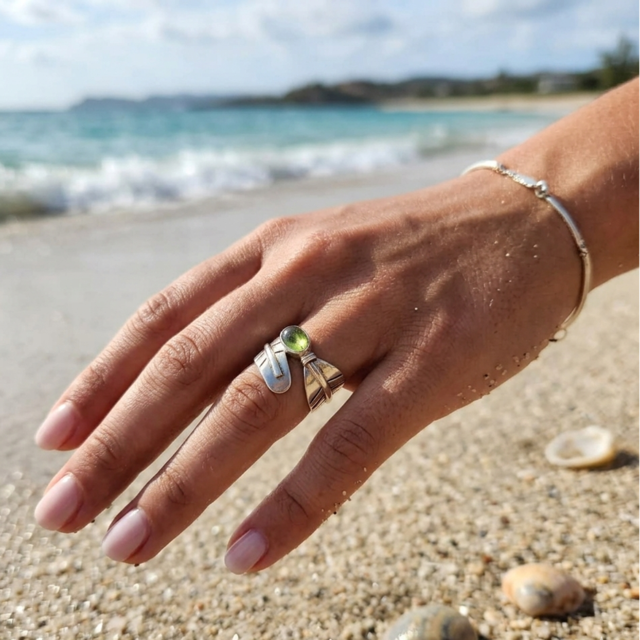 Silver Leaves - Rose Quartz / Moonstone/ Peridot/ Larimar Adjustable Rings