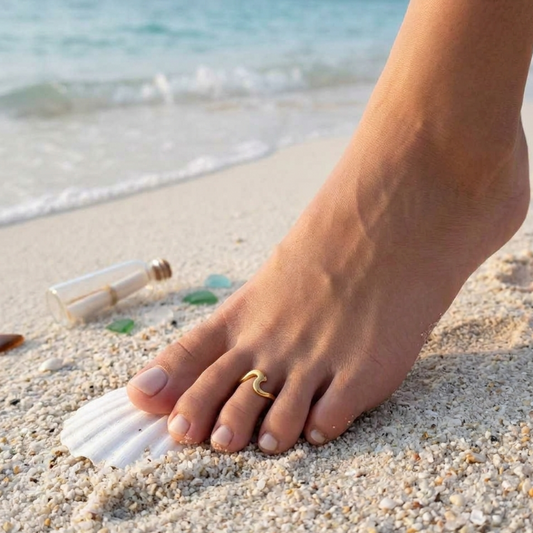 Foot on a sandy beach with a shell and bottle cap nearby