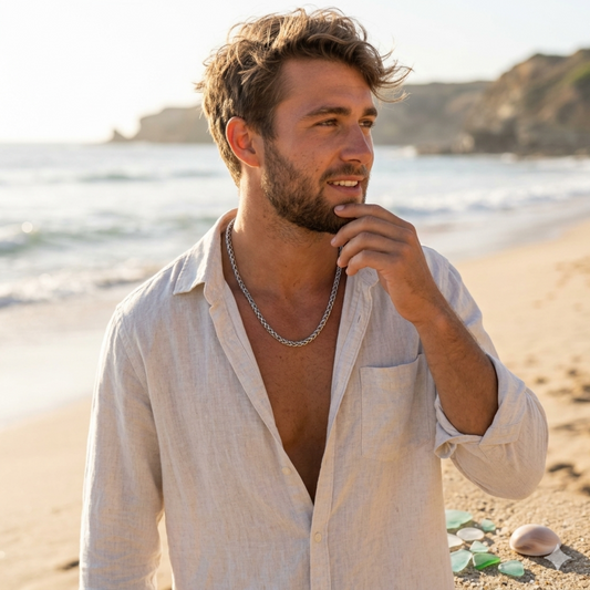 Man standing on a beach wearing an open shirt with a necklace, looking towards the ocean.