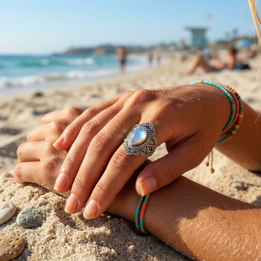 Hand with a ring and bracelets on a sandy beach with ocean and people in the background