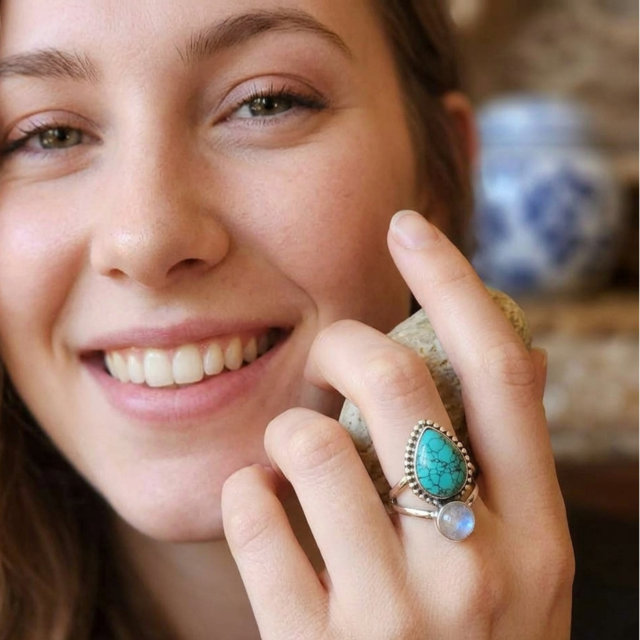 Calm Moon - Moonstone & Turquoise 925 Boho Ring