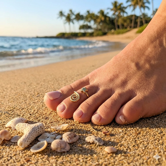 Person's foot with rings on a sandy beach with shells and palm trees in the background