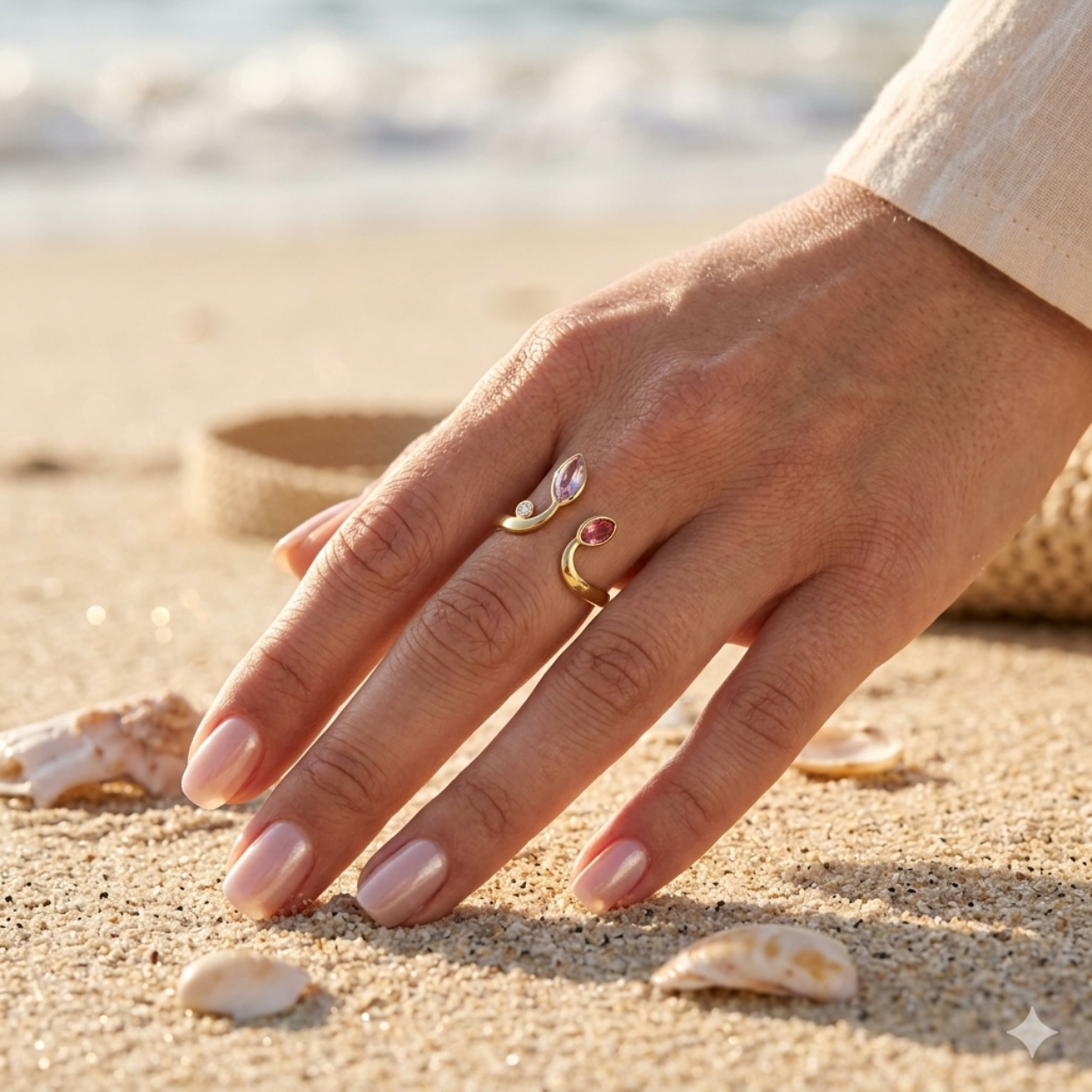 Hand wearing a ring with a pink gemstone on a sandy beach
