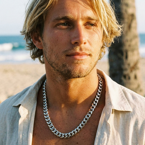Cuban gold waterproof necklace worn by man at the beach