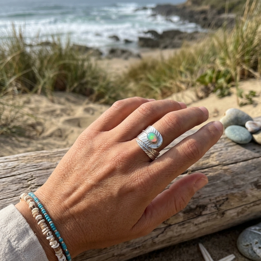 Hand wearing a ring with a colorful stone on a beach setting