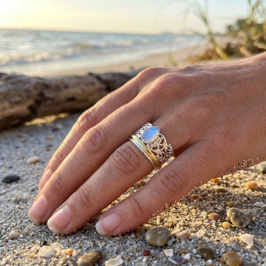 MOONSTONE TEARS - 925 SILVER VERMEIL SPINNER RING