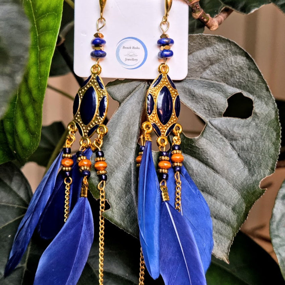 Sky Blue Boho Statement Lapis Lazuli Stone / Wood & Feather Earrings