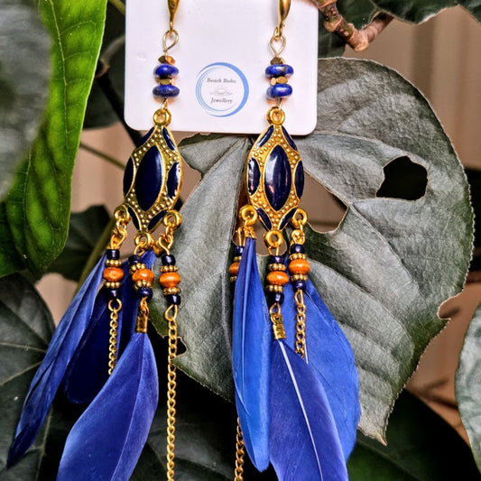 Sky Blue Boho Statement Lapis Lazuli Stone / Wood & Feather Earrings