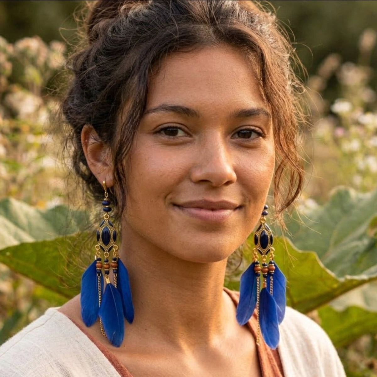 Sky Blue Boho Statement Lapis Lazuli Stone / Wood & Feather Earrings