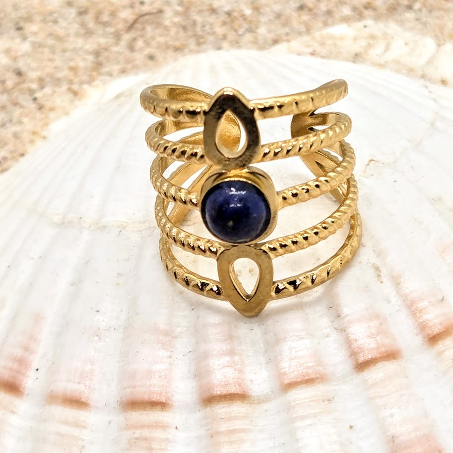 LAYERED WISDOM   -   ADJUSTABLE LAPIS LAZULI WATERPROOF GOLD RING