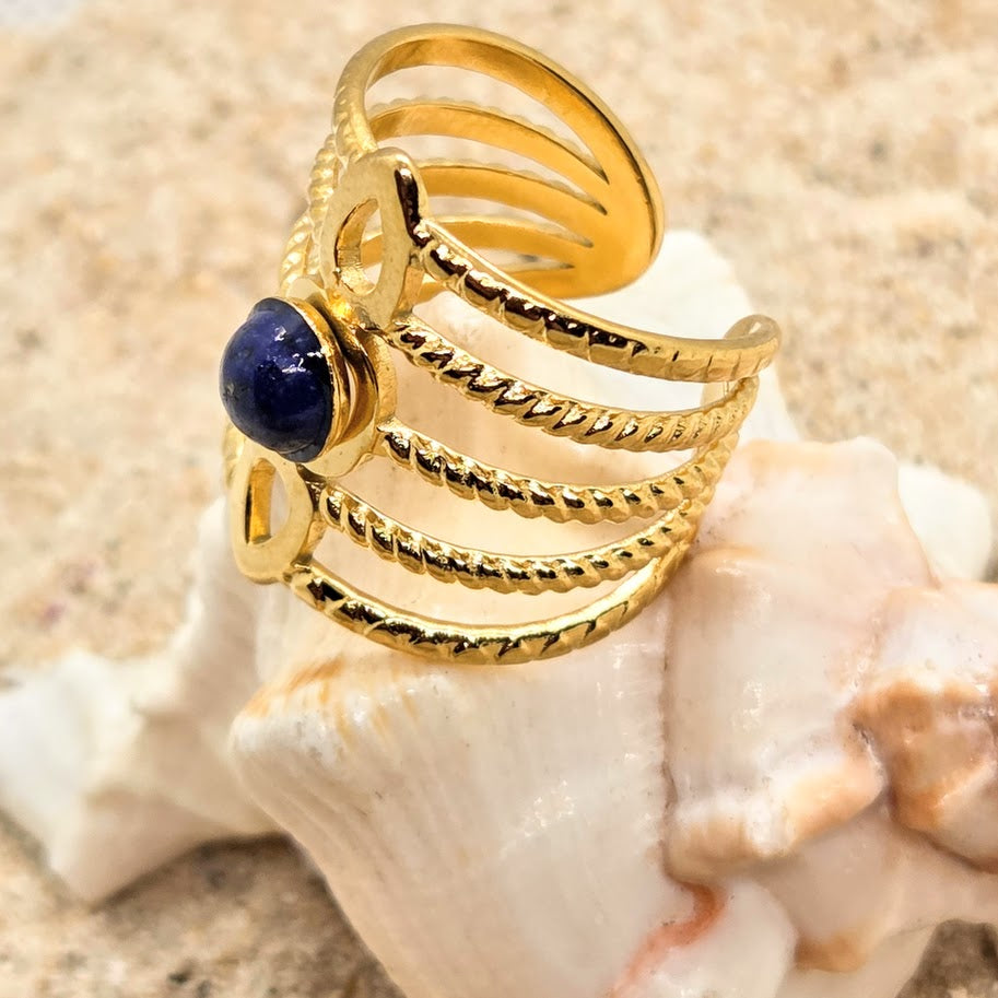 LAYERED WISDOM   -   ADJUSTABLE LAPIS LAZULI WATERPROOF GOLD RING