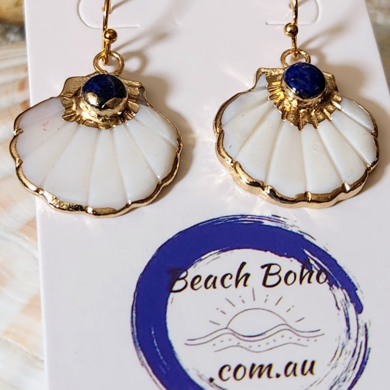 ROYAL BLUE WAVES - CARVED SHELL ELECTROPLATED HOOK EARRINGS - Premium earrings from www.beachboho.com.au - Just $40! Shop now at www.beachboho.com.au