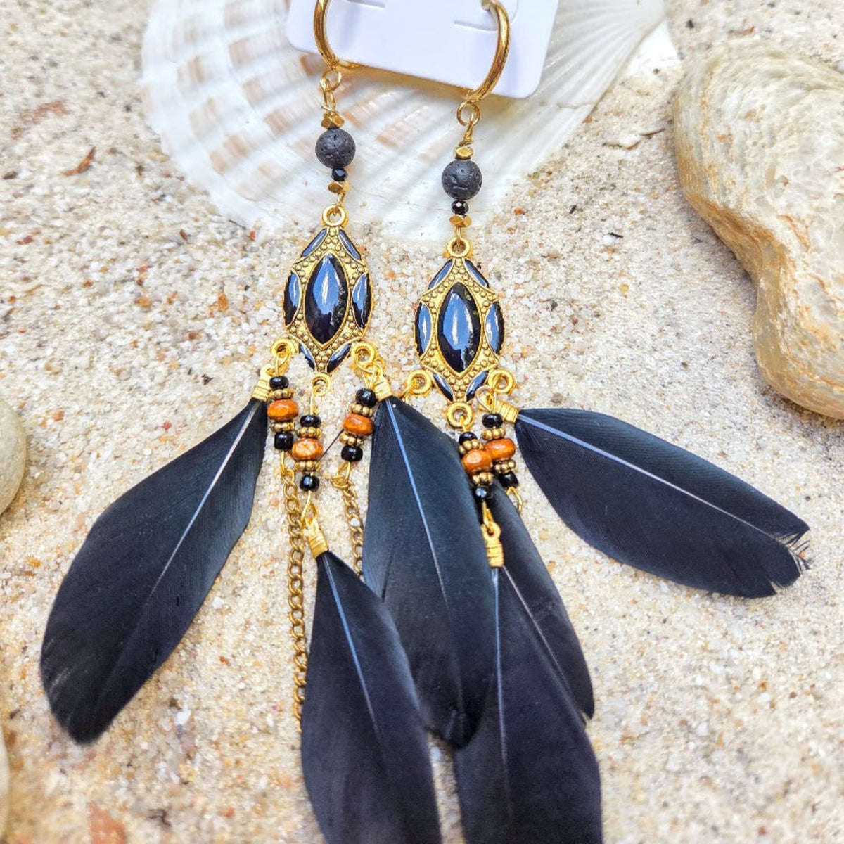 Lava Black - Statement Lava Black Bead  / Wood & Feather Earrings
