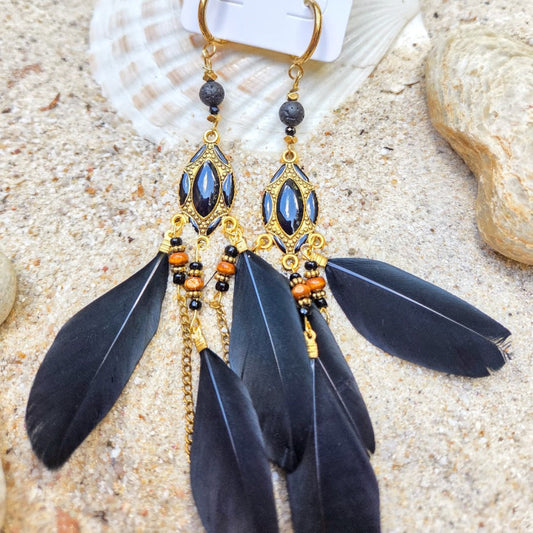 Lava Black - Statement Lava Black Bead  / Wood & Feather Earrings