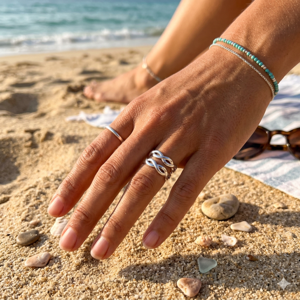 Hand with silver rings on a sandy beach