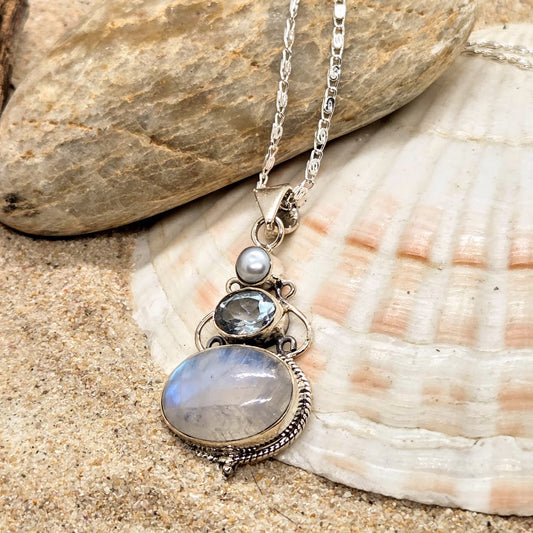 DEEP HUES - TOPAZ  & PEARL MOONSTONE 925 PENDANT NECKLACE
