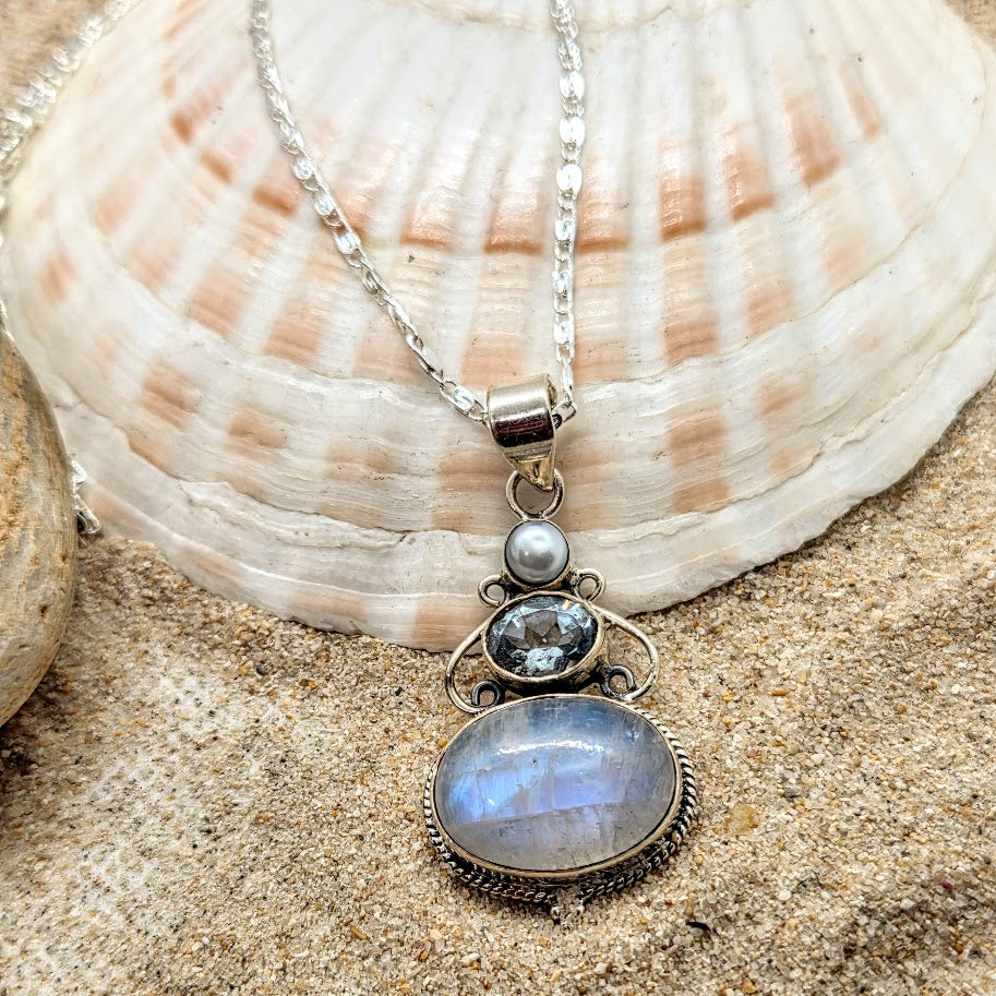 DEEP HUES - TOPAZ  & PEARL MOONSTONE 925 PENDANT NECKLACE