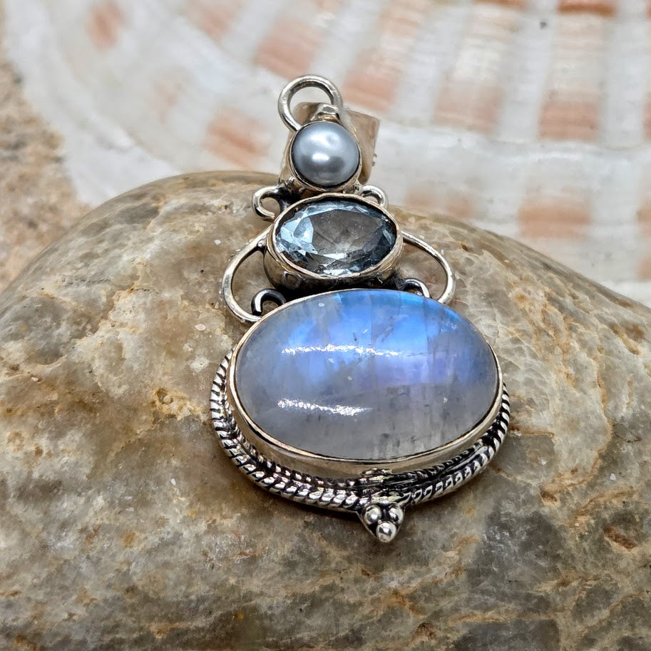 DEEP HUES - TOPAZ  & PEARL MOONSTONE 925 PENDANT NECKLACE