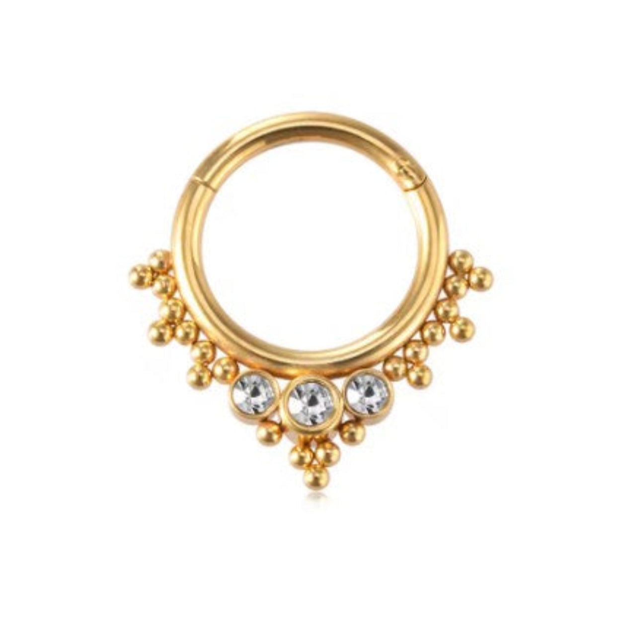 Gold nose ring with crystal stones on a white background