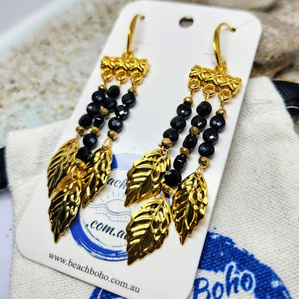 GOLDEN LEAVES - ONYX DANGLE HOOK EARRINGS - Premium earrings from www.beachboho.com.au - Just $45! Shop now at www.beachboho.com.au