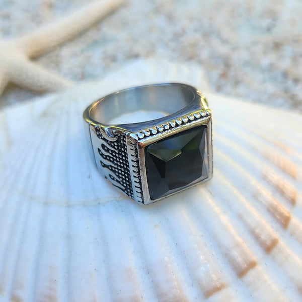 ONYX WAVE - WATERPROOF MEN'S ONYX CRYSTAL SILVER RING | Best Price