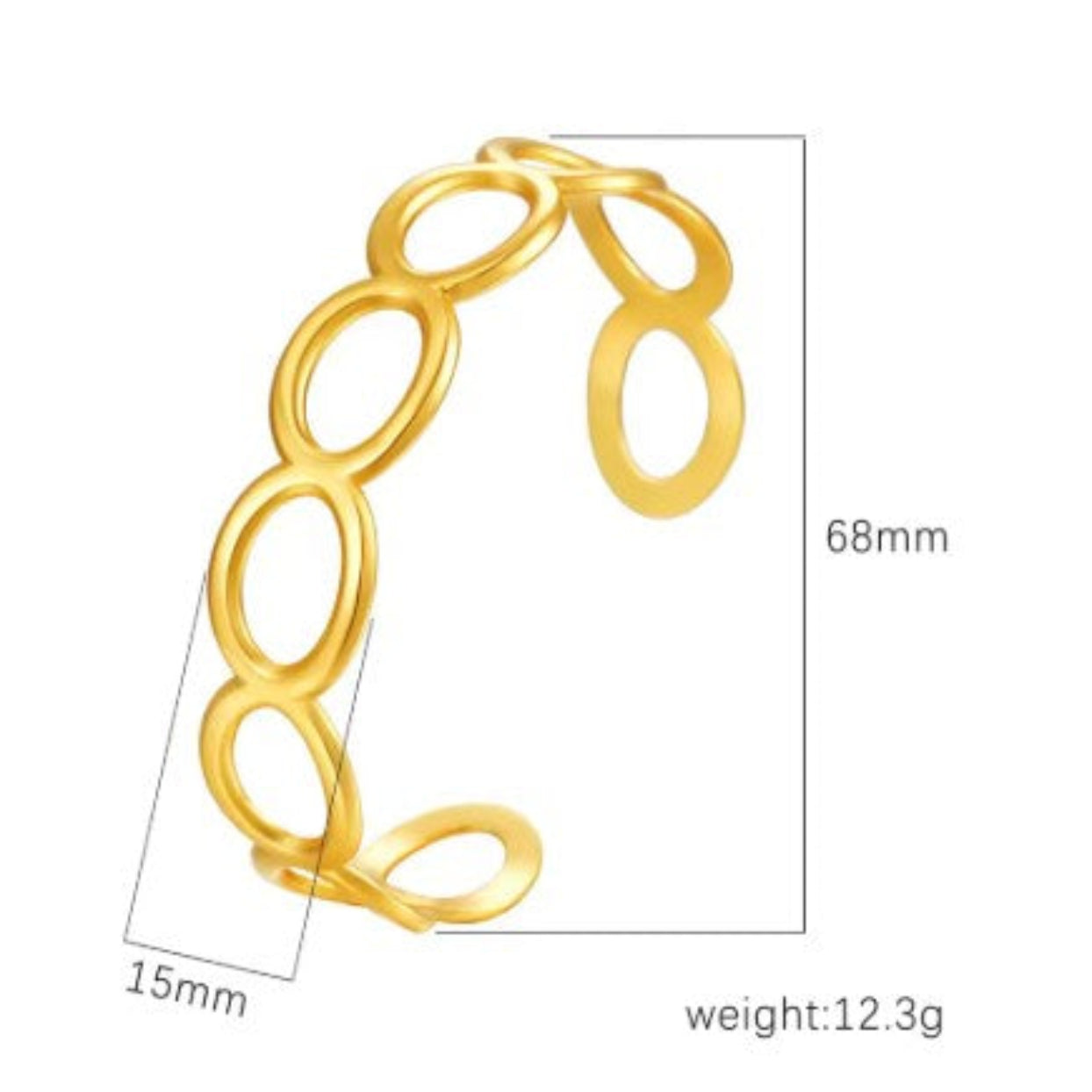 Gold bracelet with measurements on a white background
